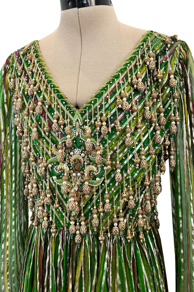 Exquisite 1960s James Galanos Metallic Green & Gold Silk Dress w Heavily Beaded Bodice