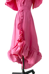 1980s Unlabeled Demi-Couture Pink Silk Dress w Ruffled Front & Caped Shoulders