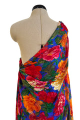 Exquisite Fall 1997 Yves Saint Laurent Brilliant Multi Floral Printed Silk Chiffon Bias Cut & Draped One Shoulder Dress