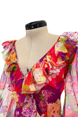 1972 Yves Saint Laurent Red Floral Silk Chiffon & Red Silk Dress w Balloon Sleeves & Pleat Detailing