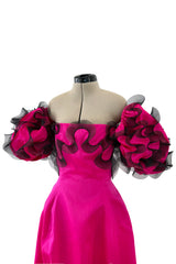 Book Documented Spring 1988 Bill Blass Bright Pink Silk & Black Net Ruffle Dress w Pouf Sleeves