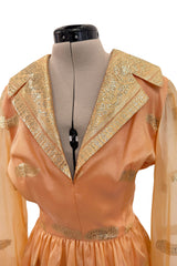 Prettiest 1960s Oscar De La Renta Peach Iridescent Silk Organza Dress w Gold Thread Detailing