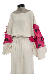 Gorgeous 1970s Unlabeled Raw Natural Cotton Dress w Huge Pink Floral Appliques
