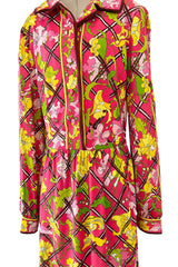 Prettiest 1960s Emilio Pucci Original Pink Silk Jersey Dress w Lattice Flower & Leaf Print