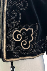 Fantastic 1970s Yves Saint Laurent Cropped Boc Cut Black Velvet Jacket w Metallic Gold Cord Detailing