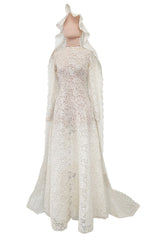 Heirloom Level Exquisite 1950s Handmade Couture White Lace Wedding Dress w a Matching Veil