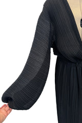 Incredible Spring 1978 Halston IV Plunged & Pleated Black Wrap Runway Dress w Balloon Sleeves