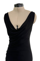 Minimlist Fall 2001 Gucci by Tom Ford Black Stretch Jersey Dress w Draped Neckline & Gathered Sides