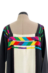 1960s Josefa Hand Embroidered Natural Linen & Black Caftan Dress W Incredible Sleeves