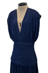 Resort 1986 Yves Saint Laurent Deep Plunge Front Blue Draped Silk Jersey Dress