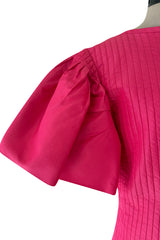 Prettiest 1980s Pierre Cardin Bright Pink Dress w Puff Sleeves & Flat Pleating