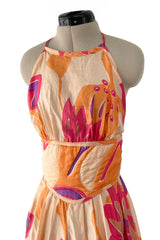 Amazing Late 1970s Bill Tice Printed Tissue Silk Backless Jumpsuit w Balloon Pouf Legs