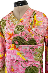 Stunning Fall 1970 Bill Blass Pink Quilted Silk Floral Pattern Metallic Dress w Banded Waist