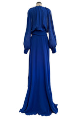 Superb Spring 2013 Yves Saint Laurent Hedi Slimane Debut Runway Blue Dress Silk Chiffon w Matching Cape & Sash