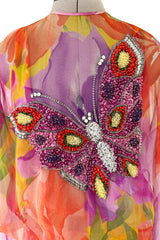 Extraordinary 1970s James Galanos Couture Floral Print Silk Chiffon Dress w Beaded Butterfly Detailing