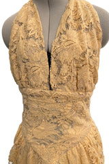 1970s Lanvin by Jules-Francois Crahay Couture Deep Yellow Lace Halter Dress w Wide Band at the Waist