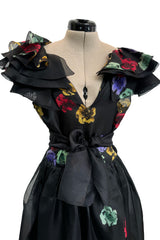 Spring 1981 Unlabeled Christian Dior Floral Print Silk Organza Dress w Ruffled Shoulders
