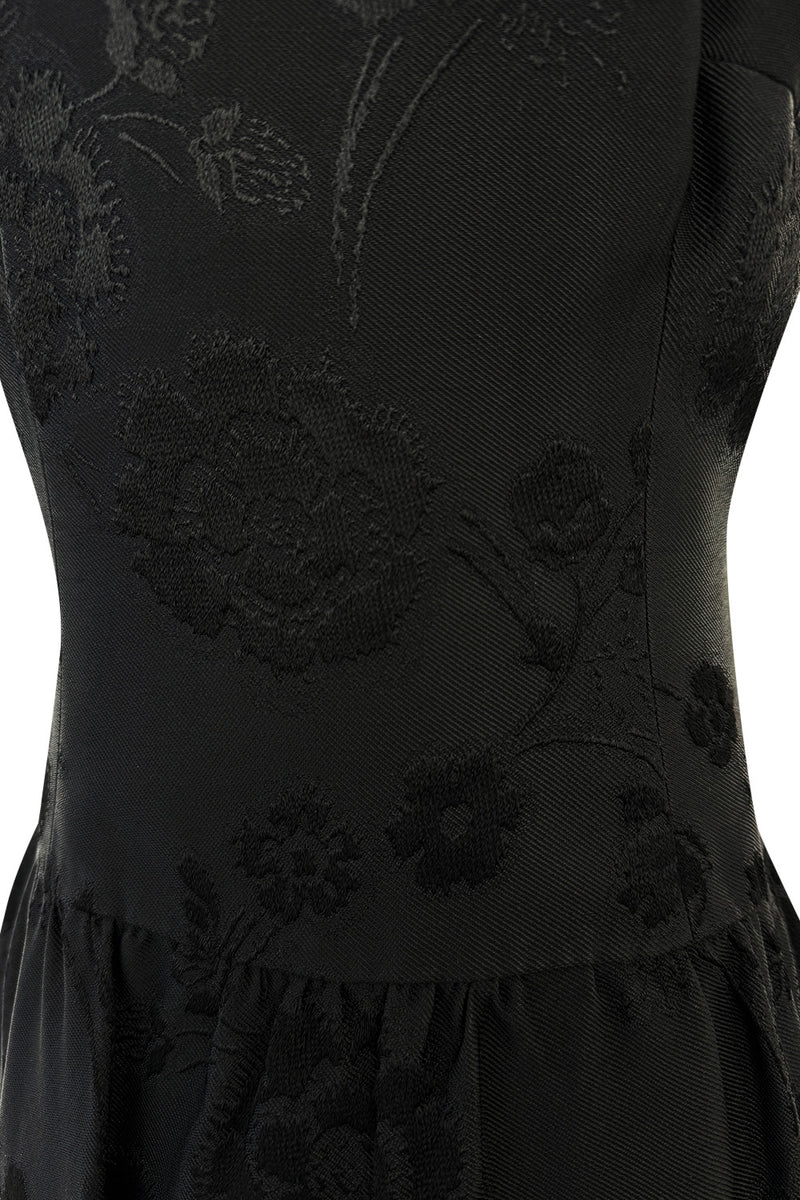 Amazing 1960s Unlabelled Christian Dior by Marc Bohan Black Silk Brocade Shift Dress w Floral Pattern