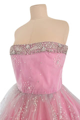Prettiest 2000s Oscar de la Renta Strapless Pink Tulle Dress w Extensive Beadwork