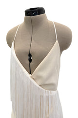 Recent Givenchy Ivory Crepe Silk Wrapped Angled Hem Dress w Cascading White Fringe