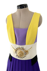 2014 Fausto Puglisi Bright Multi Colour 'Greco-Roman' Mini Dress w Gold Rhinestone Medallion
