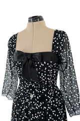 Prettiest Fall 1979 Christian Dior by Marc Bohan Black Silk Lace Net Dress w White Sequins & Bows