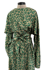 Incredible Fall 1979 Halston Runway Feather Light Green & Metallic Gold Lurex Dress w Original Belt