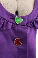 Spring 1992 Yves Saint Laurent Ad Campaign Purple Dress w Green & Red Enamel Heart Buttons