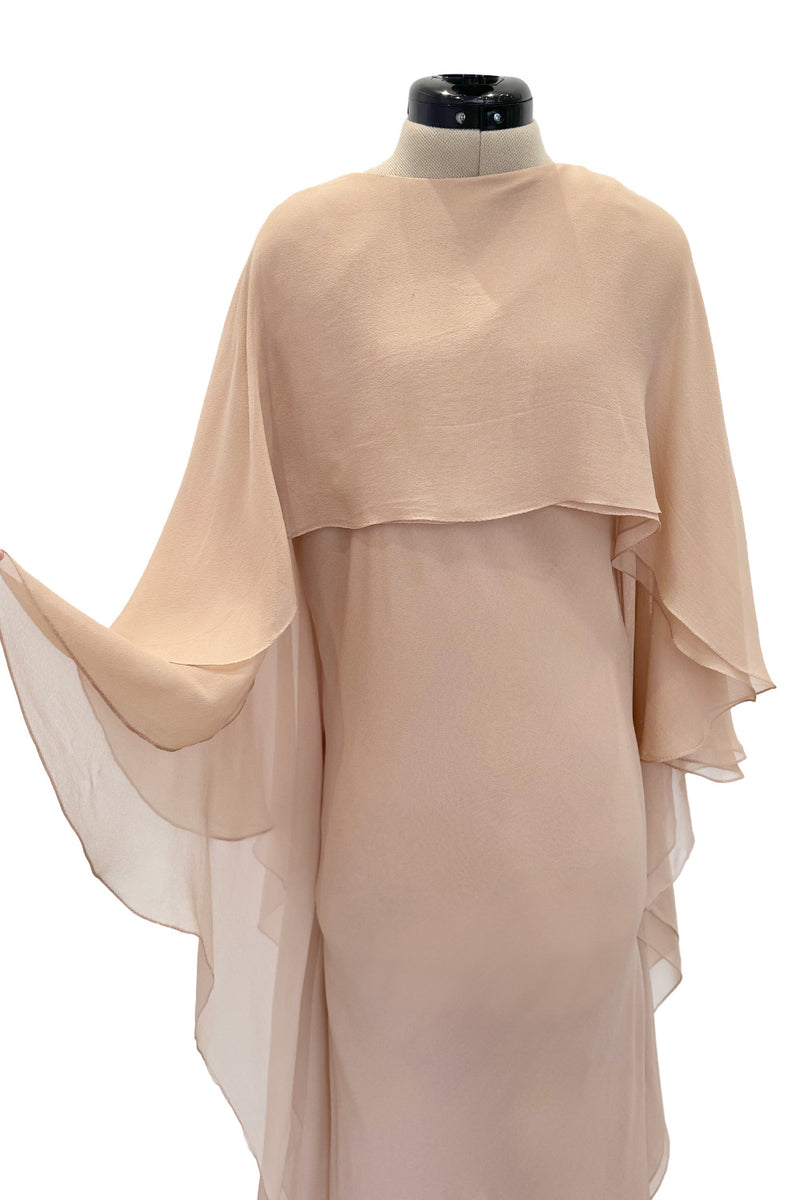 Fall 1975 Halston Runway Pale Neutral Bias Cut Silk Chiffon Dress W Ruffled & Open V Back