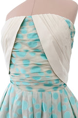 Dreamy Late 1960s Andre Laug Roma Alta Moda Couture Pale Turquoise Applied Dot Strapless Dress