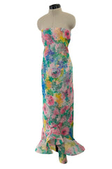 Beautiful 1980s Pierre Cardin Haute Couture Silk Chiffon Pastel Floral Ruffled Strapless Dress & Cape