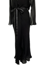 Minimalist Mid-1970s Halston Black Bias Cut Silk Chiffon Wrap Dress w Wide Sleeves