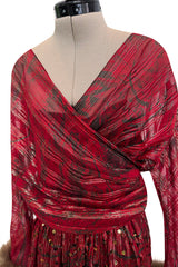 Incredible Fall 1979 Bill Blass Couture Red Silk Chiffon Dress w Gold Sequins & Mink Cuffs