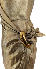 Fabulous c.1986 Thierry Mugler Strapless Metallic Gold Lurex Mini Dress w Buckle Detail