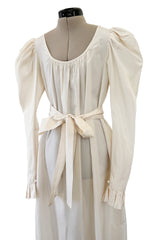 Amazing 1970s Yves Saint Laurent Silk Ivory Full Tent Dress w Belt, Ruffled Edges & Full Sleeves