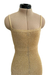 Amazing 1990s Gianni Versace Gold Metallic Knit Dress w Open or Lace up Back & Side Slit