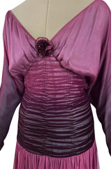 Stunning 1970s Bill Gibb Deep Purple Fuchsia Silk Chiffon & Glitter Dress w Deep Front & Back Plunge