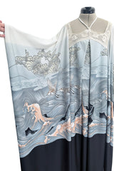 Outstanding 1970s Jean Varon Crane & Ocean Print Jersey Caftan Dress w Hand Crocheted Collar