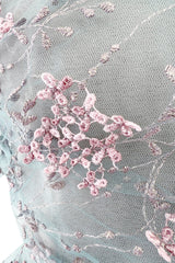 Dreamy Luisa Beccaria Pale Turquoise Net Off Shoulder Dress w Pink & Gold Embroidery