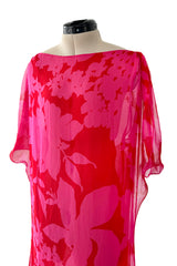 Dreamiest 1990s Yves Saint Laurent Oversized Floral Print Pink & Red Silk Chiffon Caftan Dress