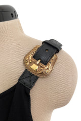 c. 2009 Alexander McQueen One Shoulder Black Knit Wrapped Dress w Buckle Detail