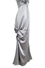 Fall 2008 Christian Dior by John Galliano Bias Cut Silver Silk Halter Dress w Flower Detailng