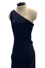 Minimalist 1990s Geoffrey Beene Deep Blue Silk Jersey One Shoulder Dress w Cut Out Details