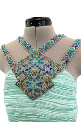 Incredible 1980s Mary McFadden Couture Pastel Teal Green Pleated Dress w Hand Beading