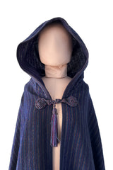 Fabulous Fall 1976 Yves Saint Laurent Striped Blue Wool Knee Length Cape w Hood & Tassel Detailing