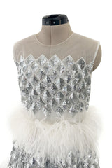 Fantastic Fall 2019 Huishan Zhang Silver Sequin on White Net & Organza Dress w Feather Detailing