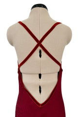 Exquisite Fall 1999 John Galliano Deep Red Bias Cut Patterned Silk Backless Dress w Velvet Ribbon Details
