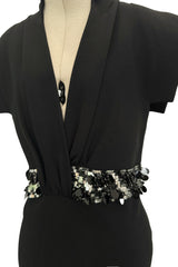 Minimalist Late 1990s Jean Louis Scherrer by Stephane Rolland Black Plunge Dress w Sequin Detailing