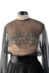 Dreamy 1960s Roger Freres Black Silk Organza Dress w Rhinestone Detailing