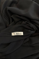 Striking Fall 1976 Chloe by Karl Lagerfeld Runway Documented Black Silk & Metallic Gold Caped Back Panel Dress